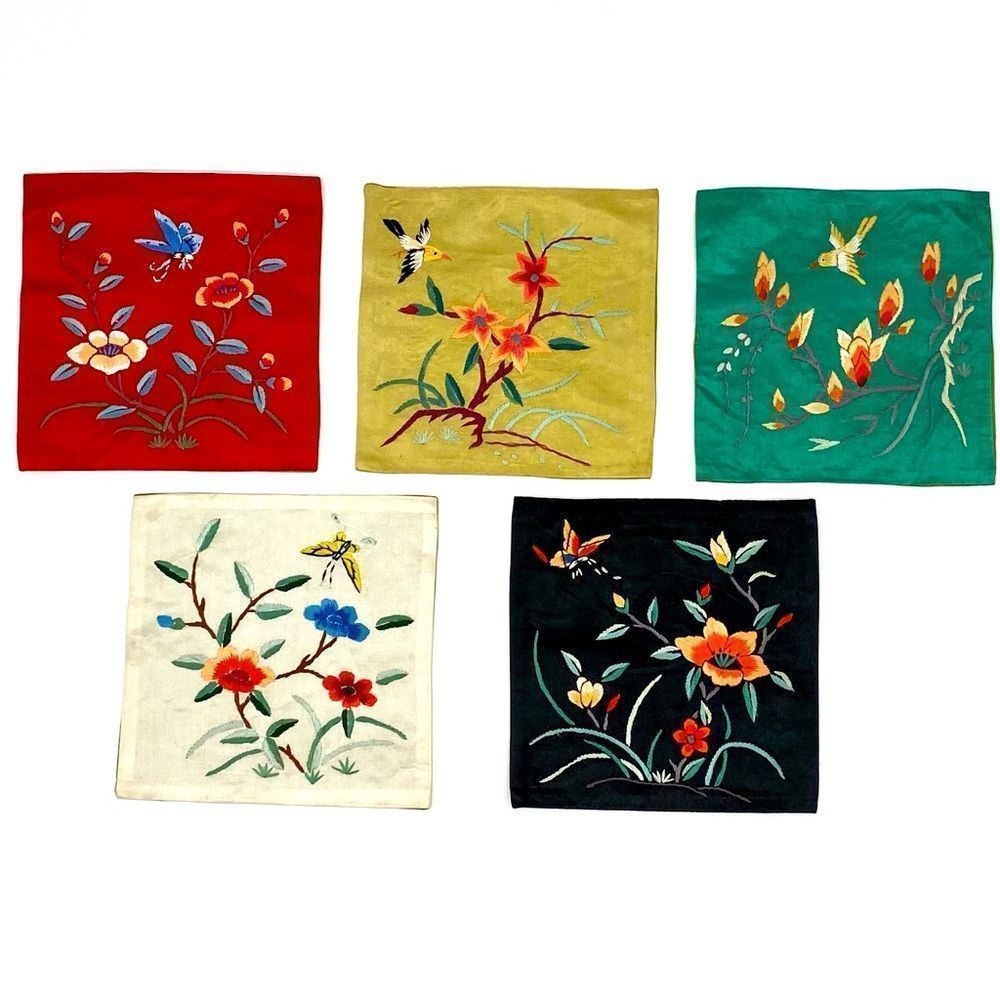 Vintage Dun Huang Chinese Silk Hand Embroidered Tapestries Doilies Set of Five